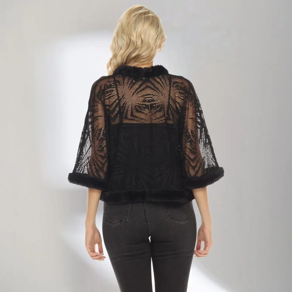 NWT Size M LINDI Black Lace Faux Fur Trim Open Front Cropped Jacket J1621 - Picture 3 of 5